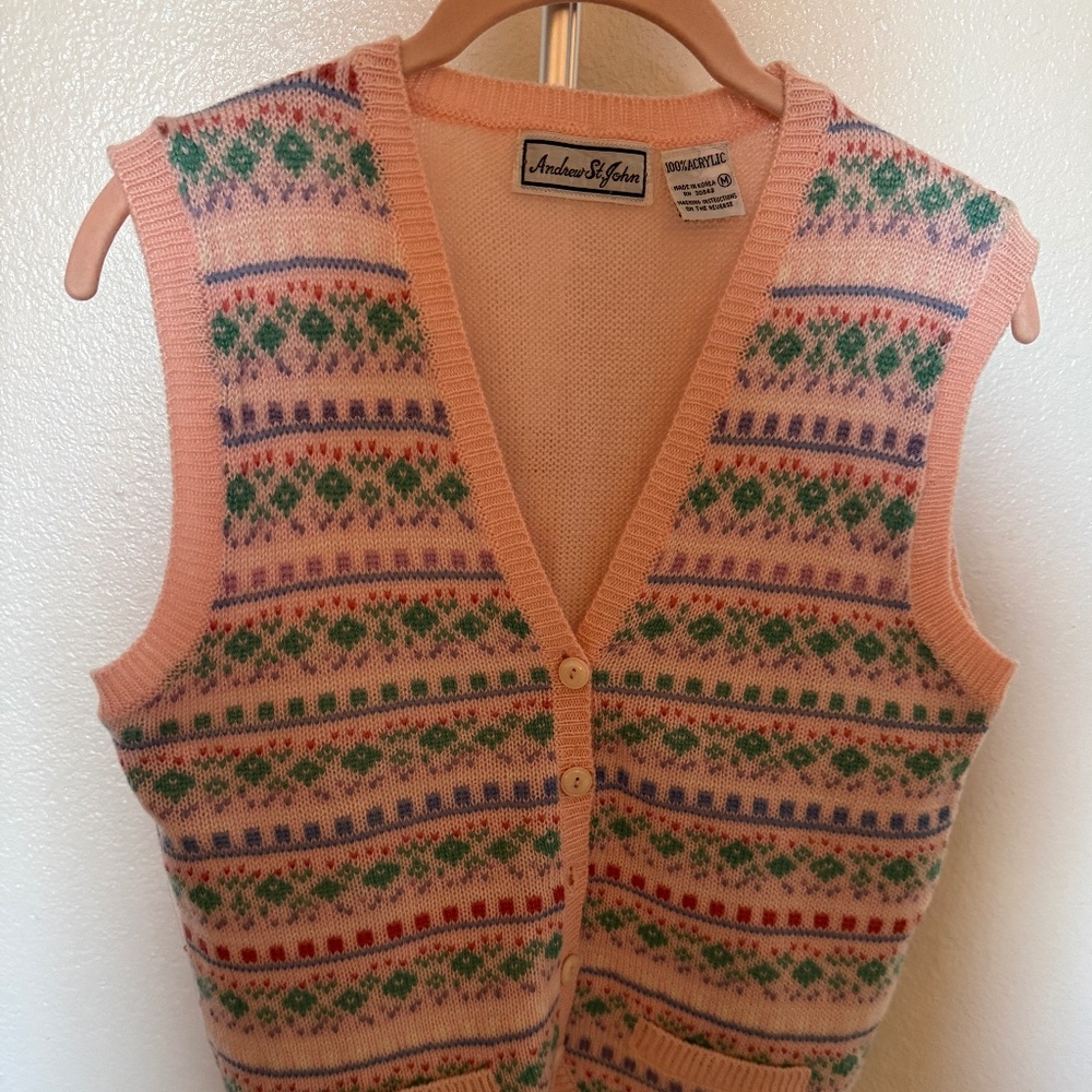 Vintage Andrew St. John Pink Floral Faire Isle Knitted Vest Size M
